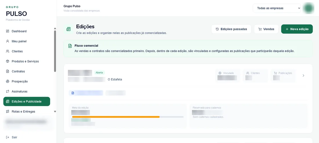 Tela de edições e publicidade