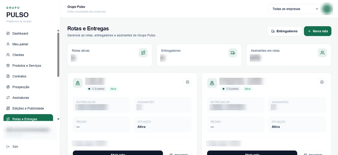 Tela de rotas e entregas